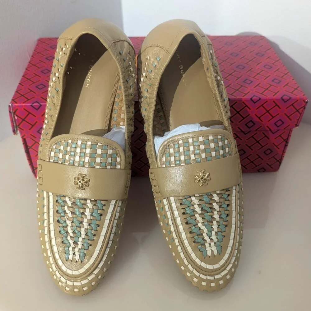 Tory Burch $348 Woven Ballet Loafer Flats Tan Blue SUPER COMFY!